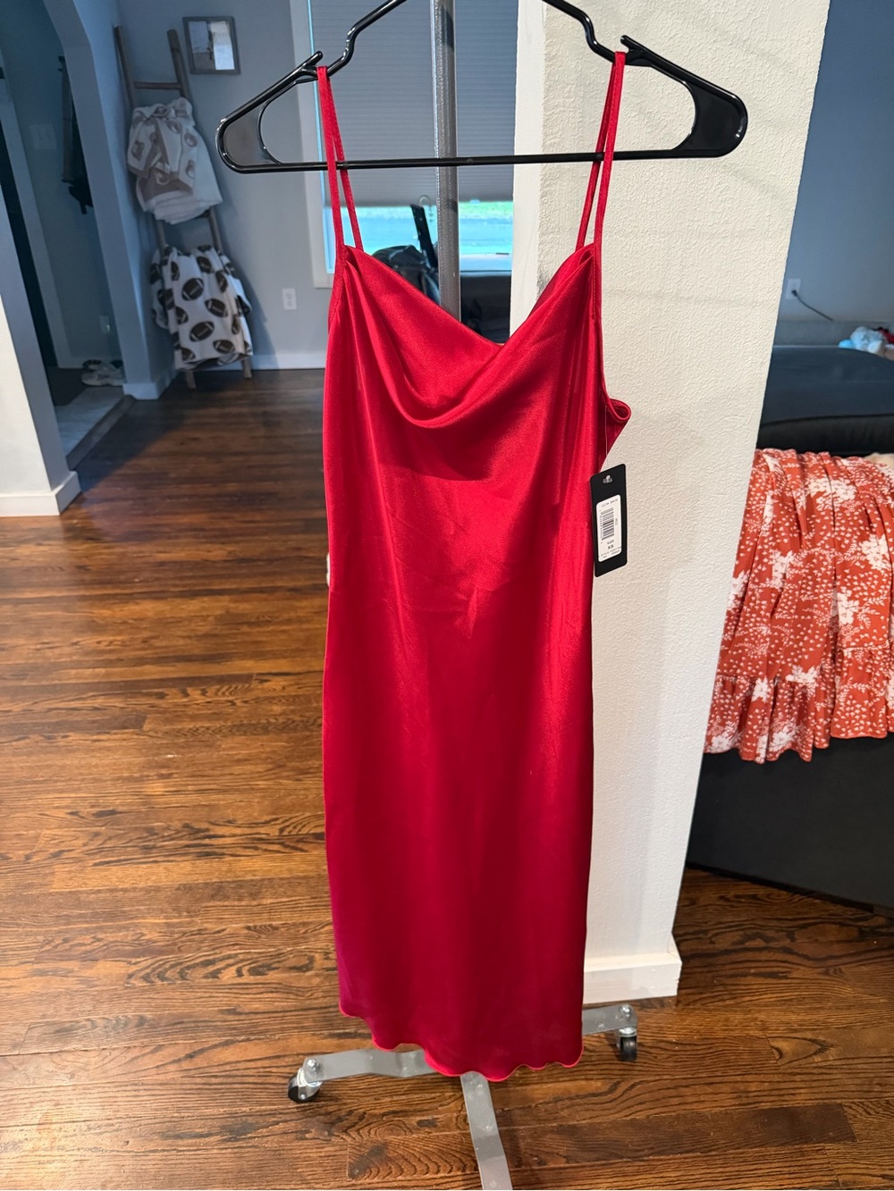 bebe Red Satin Cowl Neck Midi Slip Dress